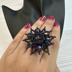 New handmade Iridescent Beaded Statement Ring stretchy‎ back